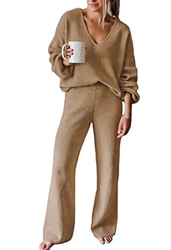 AOHITE Women's Casual V-Neck Knit Sweater Set with Wide Leg Pants