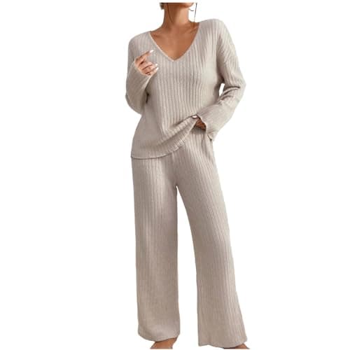 TIGENA Women's Ribbed Long Sleeve Sweater & Wide Leg Pants Lounge Set