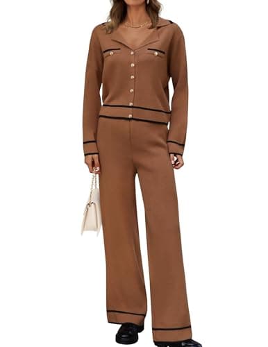 ZESICA Women's Fall Long Sleeve Knit Set V-Neck Sweater & Wide Leg Pants