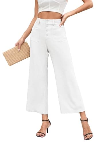 Famulily Women's Linen Button Down Wide Leg Cropped Pants with Pockets