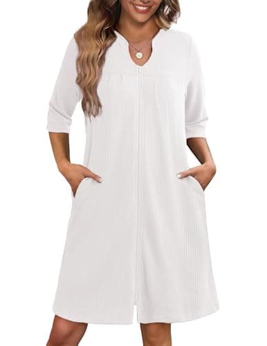 Ekouaer Women's 3/4 Sleeve Waffle Knit Zipper Bathrobe with Pockets S-3XL