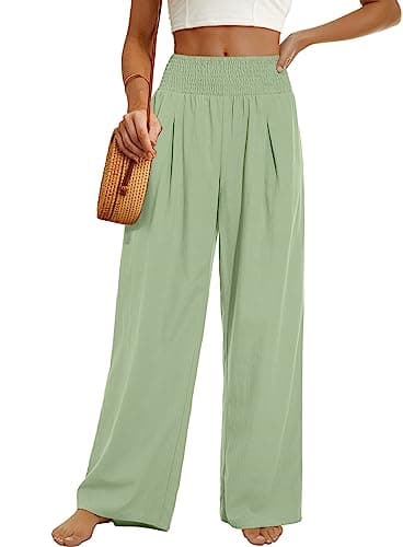 PrinStory Women's High-Waisted Summer Palazzo Pants Wide Leg Cotton Linen