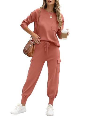 Caracilia Women's Long Sleeve Knit Set with Matching Joggers Fall Lounge
