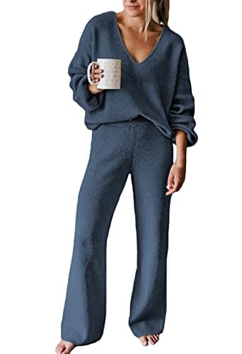 AOHITE Women's Casual V-Neck Knit Sweater Set with Wide Leg Pants