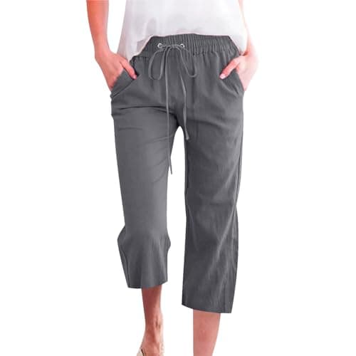Nantdog Women's High-Waisted Drawstring Linen Capri Trousers