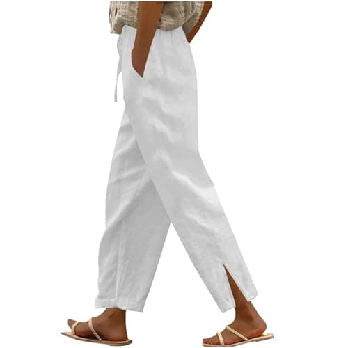 High Waisted Elastic Drawstring Linen Pants for Women Beach Casual Wide Leg Pockets