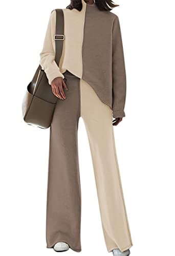 Fixmatti Women's Knit Sweatsuit with Turtleneck Top and Wide Leg Pants