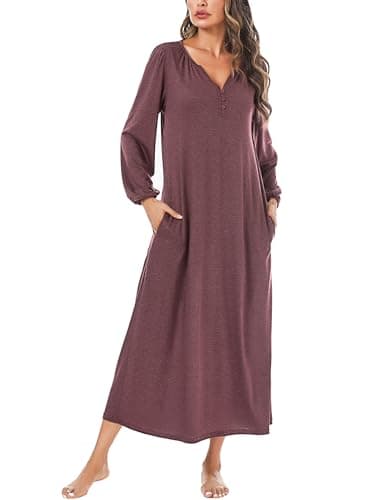 Marvmys Women's Cotton Long Sleeve Nightgown with Pockets