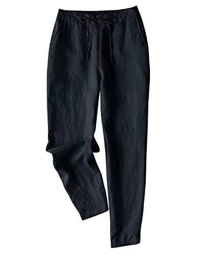 IXIMO Women's 100% Linen Tapered Pants with Drawstring Back Elastic Waist