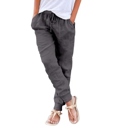 Puimentiua Women's Tapered Cotton Linen Drawstring Pants with Pockets
