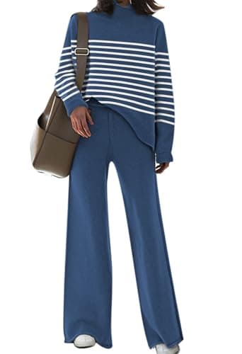 AOHITE Women's Long Sleeve Knit Top & Wide Leg Sweatpants Outfit Set