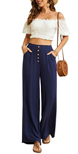 SVALIY Women's High-Waisted Flowy Cotton-Linen Palazzo Pants with Pockets