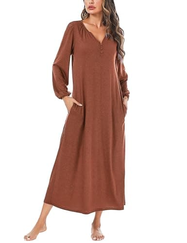 Marvmys Women's Cotton Long Sleeve Nightgown with Pockets