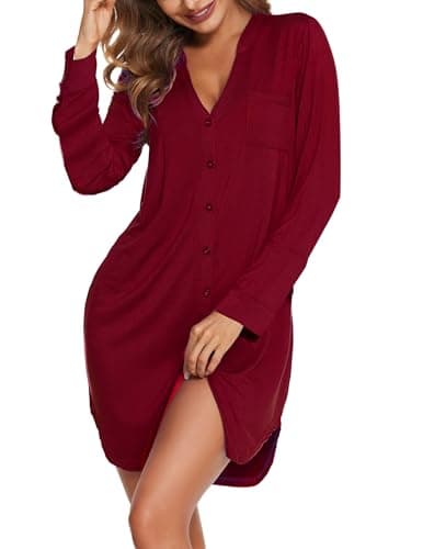 Ekouaer Women's Long Sleeve V-Neck Nightgown