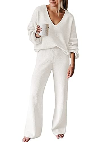 AOHITE Women's Casual V-Neck Knit Sweater Set with Wide Leg Pants