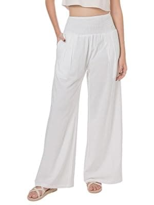 LOFBAZ Women's Summer High Waisted Boho Flowy Cotton Linen Palazzo Pants with Pockets