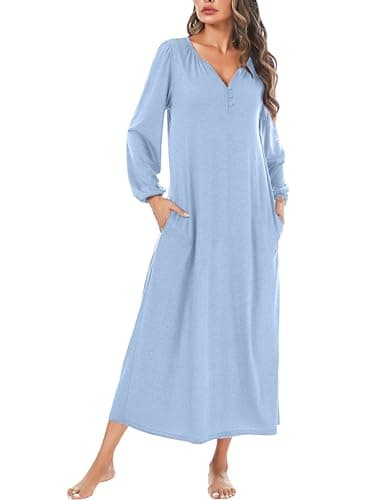 Marvmys Women's Cotton Long Sleeve Nightgown with Pockets