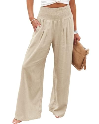 GLIENST Women's High-Waisted Smocked Linen Palazzo Pants S-2XL