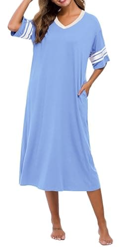 Vslarh Women's Soft V-Neck Knit Nightgown with Pockets S-XXL