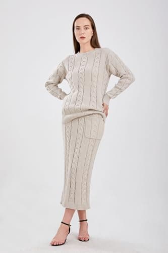 UTCOCO Women's Chunky Cable Knit Sweater & Skirt Set
