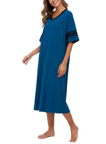 Vslarh Women's Soft V-Neck Knit Nightgown with Pockets S-XXL