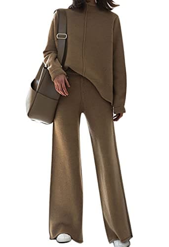 Fixmatti Women's Knit Sweatsuit with Turtleneck Top and Wide Leg Pants