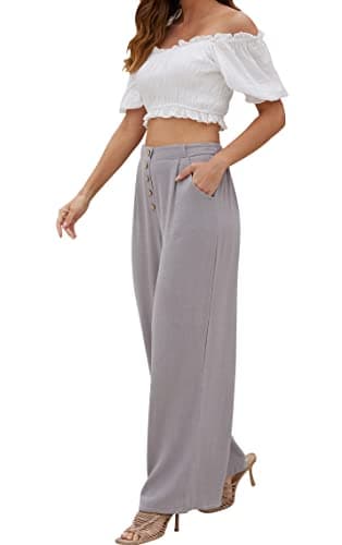 SVALIY Women's High-Waisted Flowy Cotton-Linen Palazzo Pants with Pockets