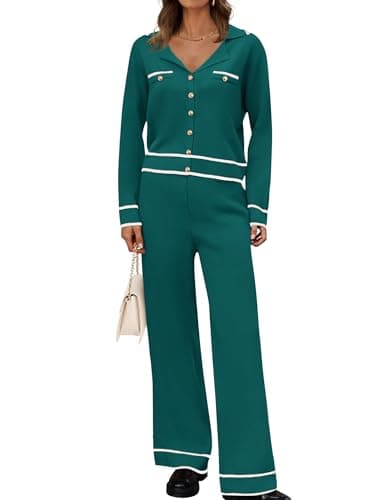 ZESICA Women's Fall Long Sleeve Knit Set V-Neck Sweater & Wide Leg Pants