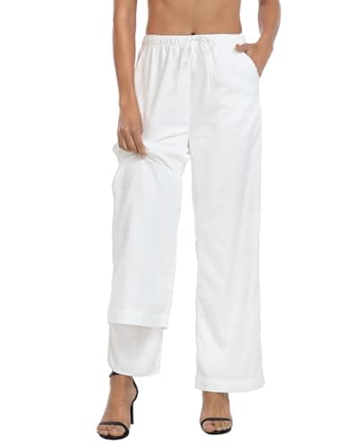 HDE Women's Linen Drawstring Wide Leg Palazzo Trouser with Pockets