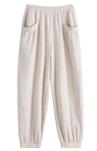 Minibee Women's Cotton Linen Tapered Crop Pants Elastic Waist