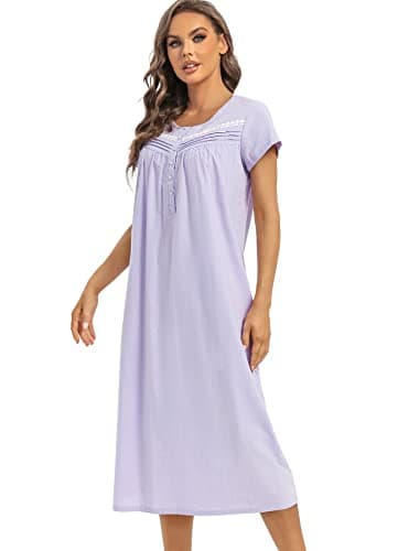 Women's Cotton Nightgown Short Sleeve Soft Comfy Button Loungewear