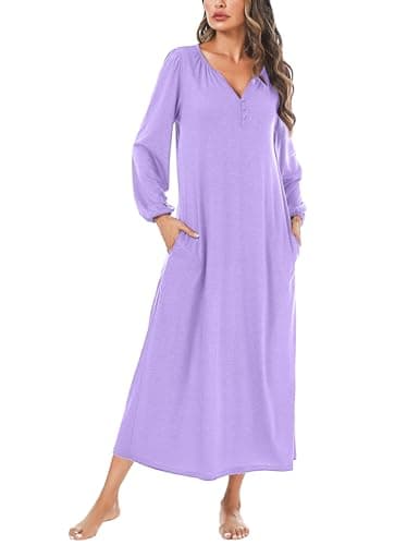 Marvmys Women's Cotton Long Sleeve Nightgown with Pockets