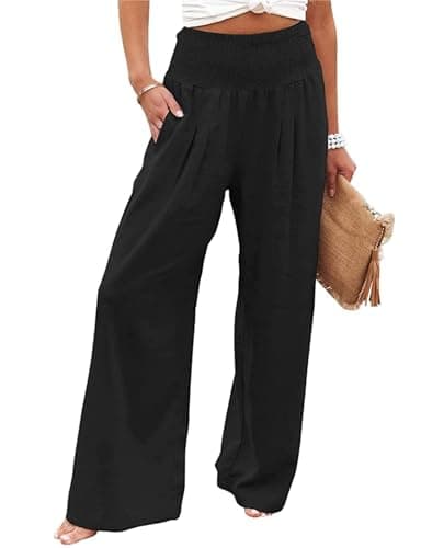 GLIENST Women's High-Waisted Smocked Linen Palazzo Pants S-2XL