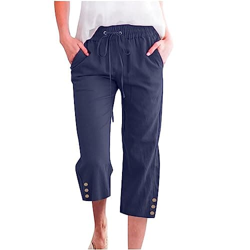 Nantdog Women's High-Waisted Drawstring Linen Capri Trousers