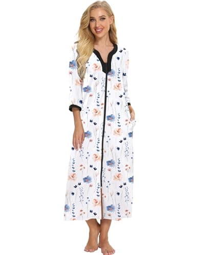 Bloggerlove Soft Cotton Zip Up Robes for Women Night Gown Long House Coat Half Sleeve Sleepwear