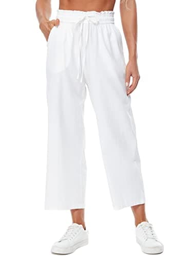 Womens Wide Leg Linen Pants High Waisted Drawstring Beach Leisurepants with Pockets