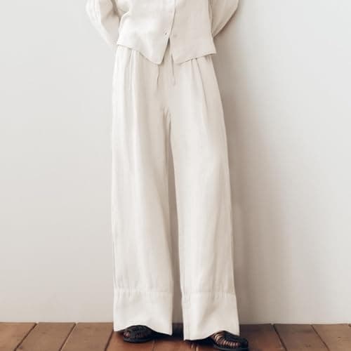 Ainangua Women's Linen Palazzo Pants with Elastic Drawstring Waist