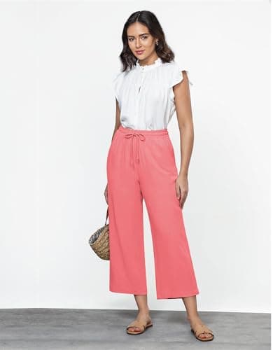 GRAPENT High-Waisted Wide Leg Linen Pants for Women Casual Summer Capris