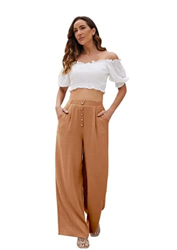 SVALIY Women's High-Waisted Flowy Cotton-Linen Palazzo Pants with Pockets