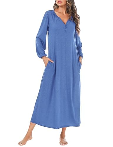 Marvmys Women's Cotton Long Sleeve Nightgown with Pockets