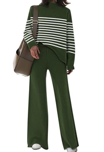 AOHITE Women's Long Sleeve Knit Top & Wide Leg Sweatpants Outfit Set