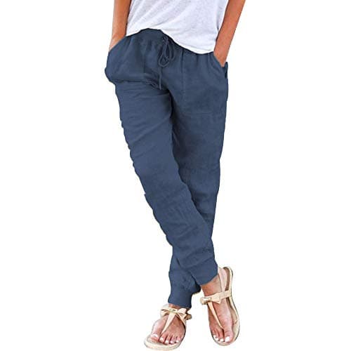 Puimentiua Women's Tapered Cotton Linen Drawstring Pants with Pockets