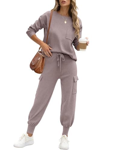 Caracilia Women's Long Sleeve Knit Set with Matching Joggers Fall Lounge