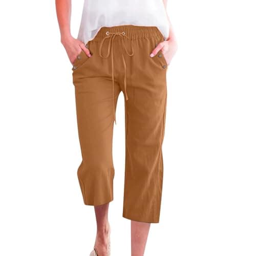 Nantdog Women's High-Waisted Drawstring Linen Capri Trousers