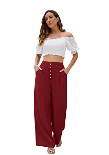 SVALIY Women's High-Waisted Flowy Cotton-Linen Palazzo Pants with Pockets