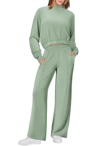 Womens Long Sleeve ZipUp Sweatshirt & Wide Leg Sweatpants Matching Set