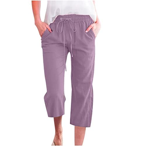 Nantdog Women's High-Waisted Drawstring Linen Capri Trousers