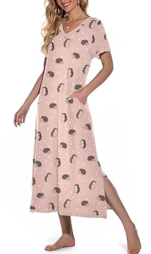 PrinStory Women's Soft V-Neck Long Nightgown with Pockets