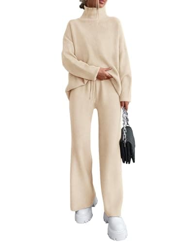 Dowerme Women's High Neck Chunky Knit SetWide Leg Pant Loungeewear Set