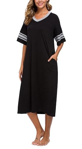 Vslarh Women's Soft V-Neck Knit Nightgown with Pockets S-XXL